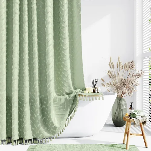 Dynamene - Cortina de ducha de tela bohemia con rayas con chebrón en relieve, juego de cortina angosta para baño, media cortina impermeable de