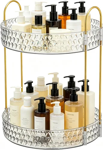 Miniatura 4 de Estante de almacenamiento acrílico giratorio de 360°, organizador de maquillaje de gran capacidad de 2 niveles para encimera de baño y tocador