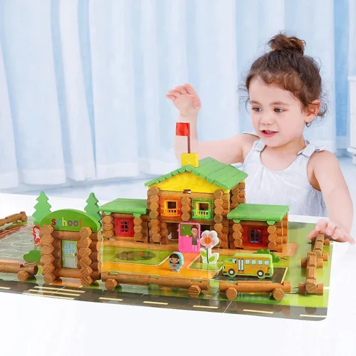 Miniatura 8 de Wondertoys Juego de troncos de madera real de 269 piezas a partir de 3 años, juego de regalo clásico de troncos de construcción para niños y niñas