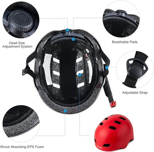 Miniatura 4 de Casco de bicicleta en 3 tallas para adolescentes, niños, jóvenes, adultos, Bavilk Casco de monopatín ajustable multideporte para bicicleta, Rojo mate