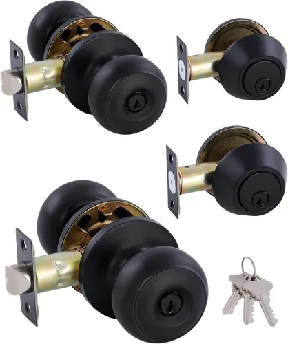 Miniatura 13 de Paquete de 2 pomos de puerta idénticos con llave, cerrojo de seguridad de un solo cilindro, pomos clásicos de níquel satinado para puerta exterior