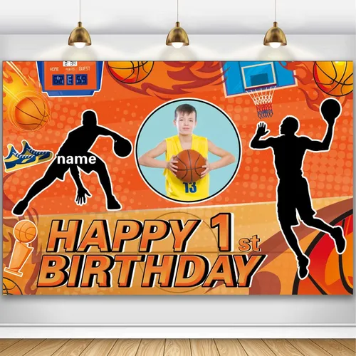 Miniatura 16 de Cartel personalizado de decoración de fiesta de cumpleaños de medio año, tema de baloncesto personalizado, fondo de deportes de baloncesto de feliz