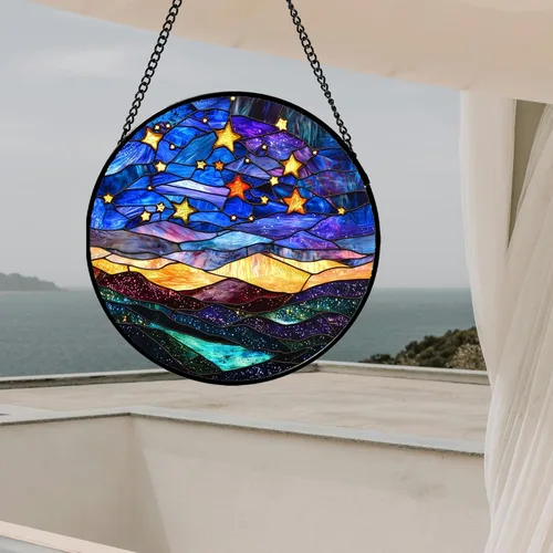 Miniatura 5 de Arte de Vidrio para Colgar en Ventanas, Cielo Azul con Estrellas de Oro Paisaje Abstracto Atrapasoles para Puertas y Ventanas, Adornos