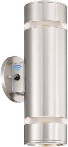 Cerdeco Lámpara de pared cilíndrica de acero inoxidable con sensor de anochecer a amanecer, adecuado para jardín y patio, lámpara de pared moderna