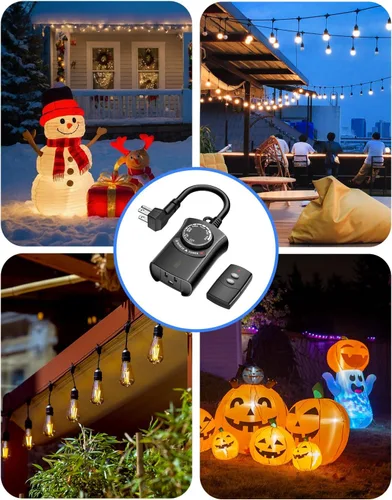 Miniatura 6 de HBN - Temporizador de luz exterior con control remoto, temporizador de sensor de luz impermeable, alcance inalámbrico de 100 pies, 1 toma de tierra
