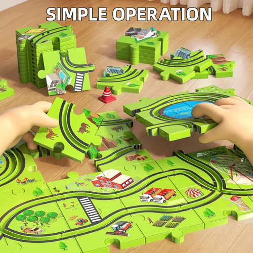 Miniatura 7 de JUKUDAHU Juego de 64 Piezas de Pista de Carreras de Rompecabezas con Coches de Juguete para Niños de 3 4 5 6 Años - Pistas de Rompecabezas