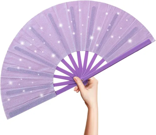 Miniatura 11 de OMyTea Ventilador grande con purpurina para baile de línea, botas de 13 pulgadas en el suelo, ventilador de mano plegable para EDM, festival de Negro