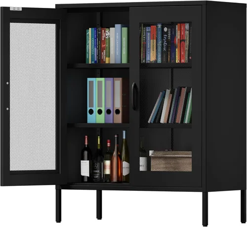 Miniatura 10 de Chshin Gabinete de Almacenamiento de Metal con Puertas, Gabinete de Acento Negro, Gabinetes de Almacenamiento de Clóset de Metal, Soporte de Medios