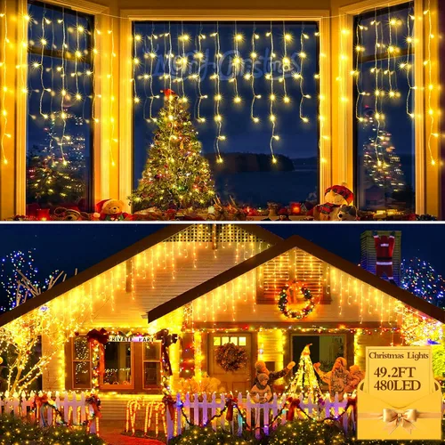 Miniatura 23 de FLVOECN 480 luces LED de Navidad de 49 pies, enchufables, 8 modos con temporizador, luces de hielo regulables, para exteriores, impermeables