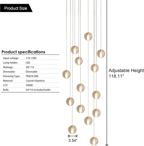 Miniatura 5 de Lámpara de escalera de 14 luces para techo alto, lámpara colgante de cristal moderna ajustable en forma de gota de lluvia, gran luz larga para Dosel