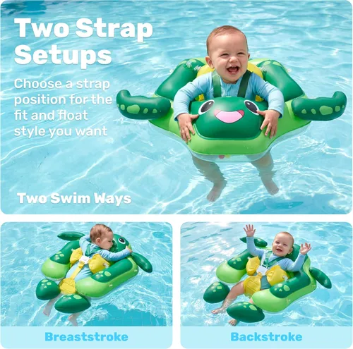 Miniatura 2 de Sloosh Flotadores de natación para bebés con toldo extraíble, flotador inflable para piscina para bebé, diseño de tortuga marina, anillo de natación