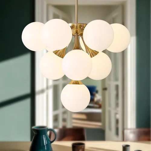 Miniatura 13 de Candelabro de mediados de siglo, lámpara colgante Sputnik de latón dorado con pantalla de lámpara de vidrio blanco, Candelabros lineales de globo