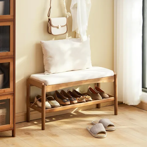 STDDRE Banco de zapatos de entrada de bambú de 2 niveles con cojín de asiento acolchado, banco de zapatos, organizador estable para entrada, Marrón