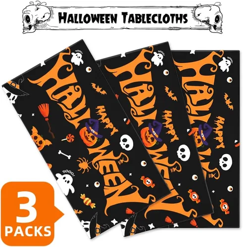 Miniatura 4 de Labeol Paquete de 3 manteles de Halloween, 108 x 54 pulgadas, manteles de Halloween negros, desechables, impermeables, de plástico, rectangular