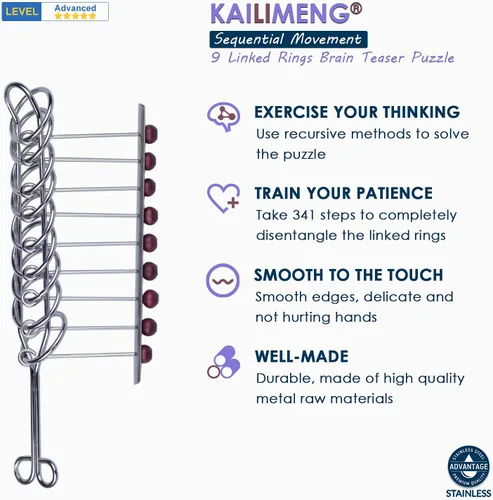 Miniatura 3 de KAILIMENG Rompecabezas de metal con 9 anillos enlazados, rompecabezas duro para adultos, juego mental para adultos y niños, juguete clásico de mano