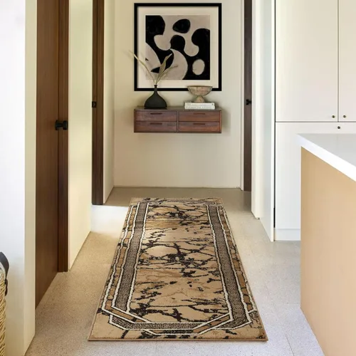 Glory Rugs Alfombra moderna de 2x7, color marrón, beige, negro y crema, con textura de mármol, alfombra suave contemporánea para piso, con textura