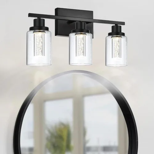 Miniatura 3 de MELUCEE Lámparas de tocador de baño, 3 luces LED sobre espejo, 3000 K-6000 K, moderna luz negra para baño con pantalla de cristal de burbujas, chips