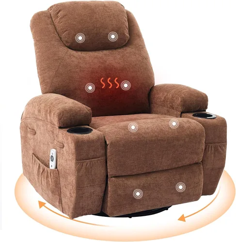 Miniatura 8 de Silla reclinable giratoria de 360° con masaje y calor para adultos, silla reclinable eléctrica con cojín suave y bolsillo lateral, cómoda mecedora