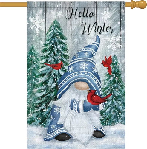 Miniatura 8 de Bandera de jardín de gnomo de invierno de 12 x 18 pulgadas, arpillera de doble cara, cardenales, copos de nieve, banderas de patio para Navidad