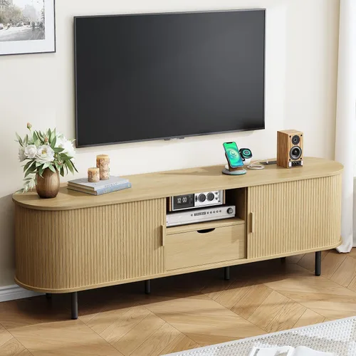 Miniatura 12 de ONBRILL Soporte de TV de 69 pulgadas con toma de corriente para televisores de hasta 80 pulgadas, centro de entretenimiento con almacenamiento