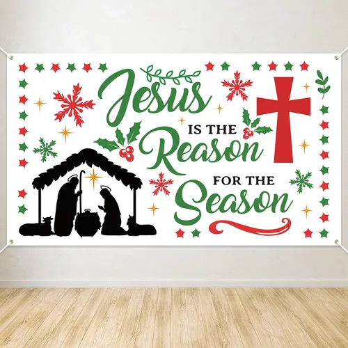 WATINC Cartel de fondo de Navidad con texto en inglés «Jesús es la razón de la temporada», cruz de natividad, Navidad, vacaciones de invierno,