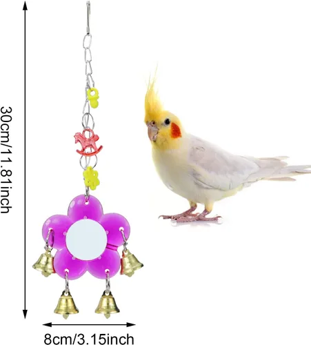 Miniatura 2 de Juguete de espejo de pájaro colgante Campana de timbre colorido columpio jaula de juguete con sonido dulce para loro pequeño mediano periquito