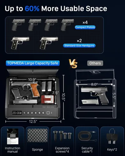 Miniatura 4 de Caja fuerte biométrica grande para pistolas, 100 juegos de huellas dactilares con luz interna y modo silencioso, caja de bloqueo de pistola