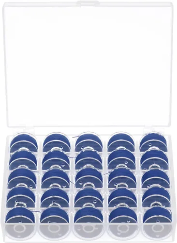Miniatura 7 de HARFINGTON Juego de hilos de bobina preenrollados tamaños estándar con caja de 25 compartimentos para bordar y máquina de coser, color azul oscuro
