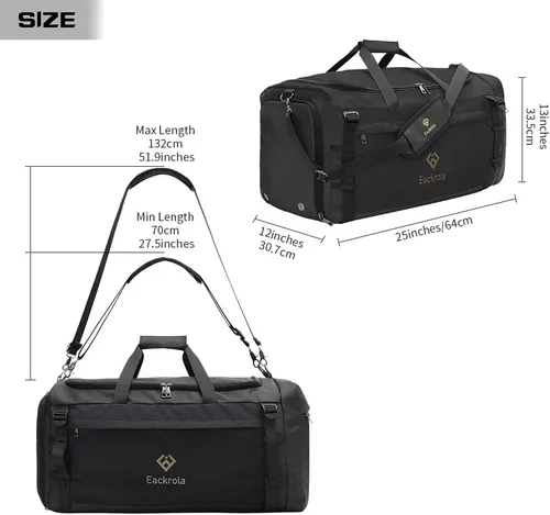 Miniatura 2 de Eackrola Bolsas de gimnasio para hombre con compartimento para zapatos, bolsa de lona deportiva con bolsillo húmedo para mujer, 65L, Negro, Gimnasio