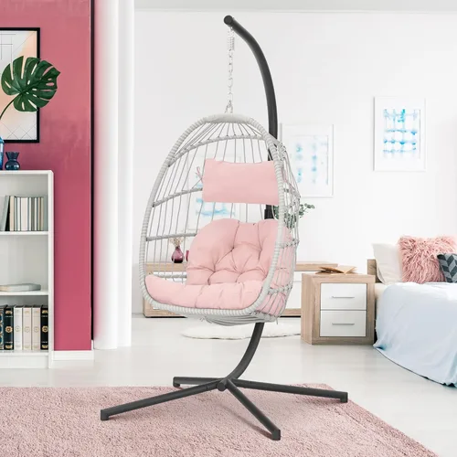 Silla colgante de huevo con soporte, sillas de huevo rosadas, sillas de mimbre para interiores y exteriores, dormitorio, jardín, marco de acero de