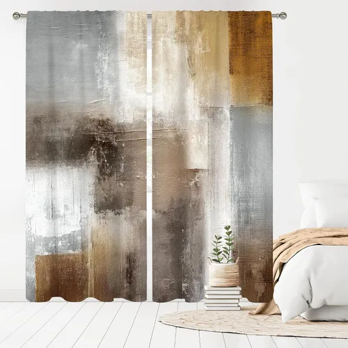 Miniatura 13 de MESHELLY Cortinas Rojas Abstractas 42Wx63H Pulgadas Bolsillo para Varilla Bloques Rústicos Borgoña Marrón Pintura al Óleo Casa de Campo Dormitorio