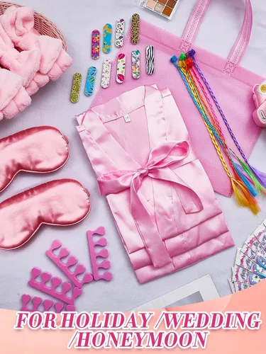 Miniatura 6 de Xuhal 92 piezas de recuerdos de fiesta de spa para niñas, suministros de fiesta de pijama, batas de satén para niños, fiestas de pijamas con bolsas