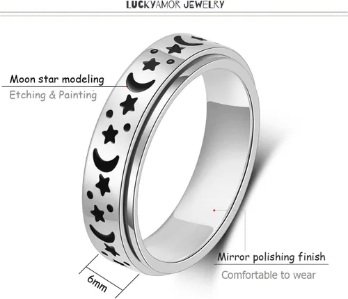 Miniatura 2 de Anillo de ansiedad para mujer, anillos giratorios: anillos giratorios de acero inoxidable de 0.236 pulgadas (0.236 in) con luna y estrella