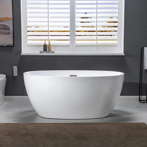 Miniatura 11 de WOODBRIDGE Bañera de acrílico independiente de 55 pulgadas, bañera blanca de remojo contemporáneo con desbordamiento y drenaje de níquel cepillado