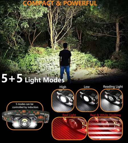 Miniatura 2 de Skylla Linterna frontal recargable, 1200 lúmenes ultra brillante LED linterna con luz blanca y roja, sensor de movimiento impermeable, 5 modos