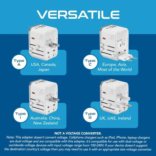 Miniatura 5 de Ceptics Adaptador de viaje universal 6 en 1 con PD 70W USB-C y 2X USB-A y 2X USB-C 3A, cargador universal con QC 3.0 para EE. UU./UE/Reino Unido/AU