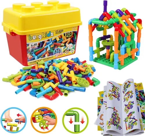 Miniatura 9 de burgkidz STEM - Bloques de construcción de tubo de aprendizaje para tubo, juguetes sensoriales con ruedas, placa base para todas las edades, niños