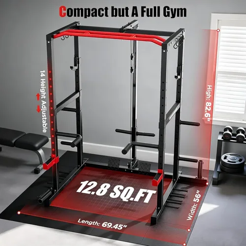 Miniatura 6 de Sportsroyals Jaula de Potencia, Rack de Potencia Multifuncional de 1600 libras con Sistema de Cruce de Cable Ajustable y Más Accesorios de Rojo