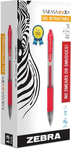 Zebra Pen ZEB46630 - Bolígrafos retráctiles Zebra Sarasa de tinta de gel, punta gruesa de 1.0 mm, rojo, tinta de secado rápido, 12 unidades