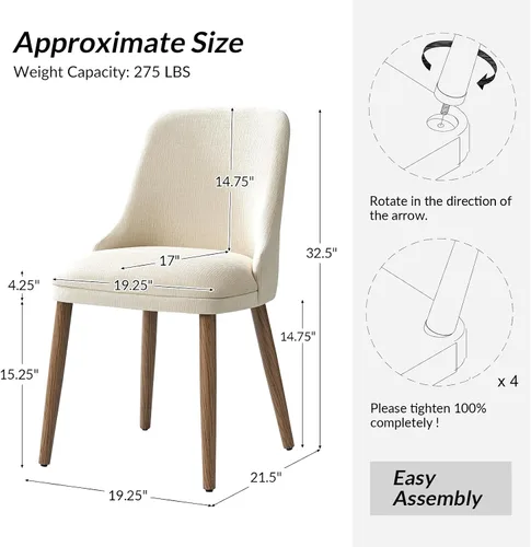 Miniatura 2 de HULALA HOME Juego de 2 sillas de comedor tapizadas de tela marfil con patas de madera maciza, respaldo acolchado, sillas decorativas modernas