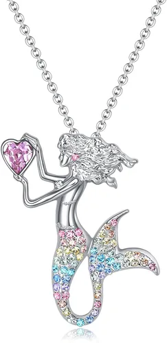 luomart Collar de piedra natal de sirena de moda, chapado en oro blanco, colgante de cristal austriaco, regalo para niñas y mujeres, Estrás,