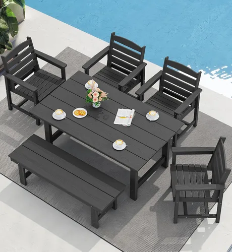Miniatura 34 de SERWALL Juego de Mesa de Comedor de HDPE para Exteriores, Juego de 7 Piezas de Mesa de Comedor al Aire Libre con Mesa con Corte para Agujero de Gris