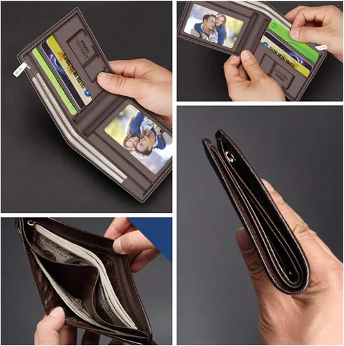 Miniatura 5 de LAORENTOU Billeteras de cuero genuino para hombre, billeteras plegables con cremallera, bolsillo para monedas, casual, cartera delgada