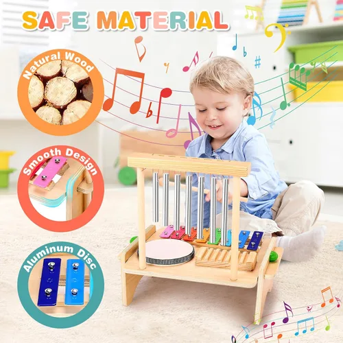 Miniatura 2 de Juego de batería para niños pequeños, juguetes de instrumentos musicales Montessori, juego de batería para niños pequeños, xilófono de madera