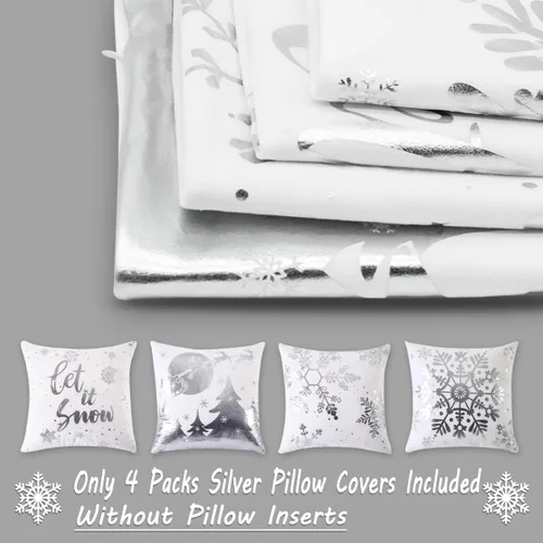 Miniatura 3 de JOJOGOGO Juego de 4 fundas de almohada navideñas plateadas y blancas de 18 x 18 pulgadas, juego de 4 almohadas decorativas de copo de nieve Let It