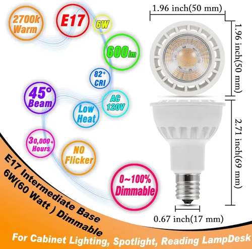 Miniatura 2 de Heifymi Reflector regulable E17 tipo base intermedia R14 de 6 W (equivalente a 60 vatios), blanco cálido 2700 K, 600 lúmenes, bombilla LED E17