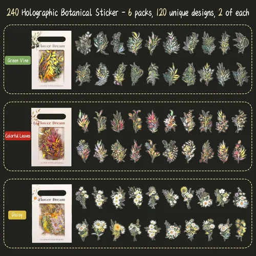 Miniatura 5 de Dizdkizd Juego de calcomanías holográficas de flores y hojas, 240 calcomanías doradas para álbumes de recortes, pequeñas calcomanías florales