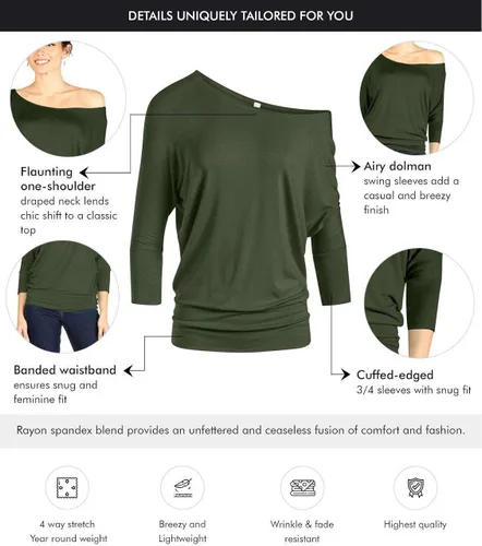 Miniatura 5 de Camiseta sexy para mujer, estilo dolman, con hombros descubiertos, manga 34, cintura con bandas, tallas regulares y grandes