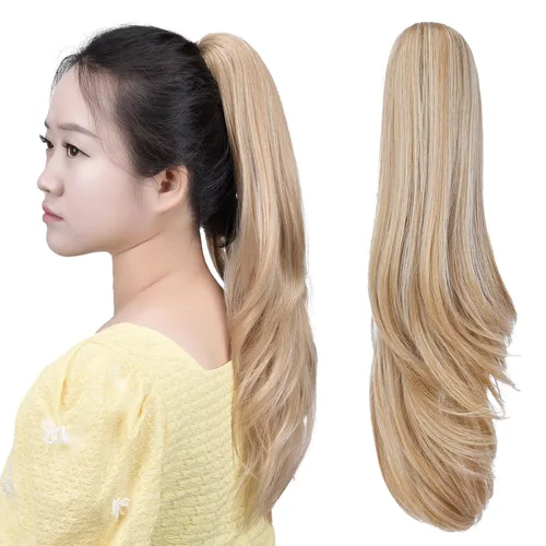 Extensiones de cabello sintético con clip rubio, cola de caballo, 18 pulgadas, lacio, 4.2 onzas, postizos, para mujer, Yaki esponjoso, enredado