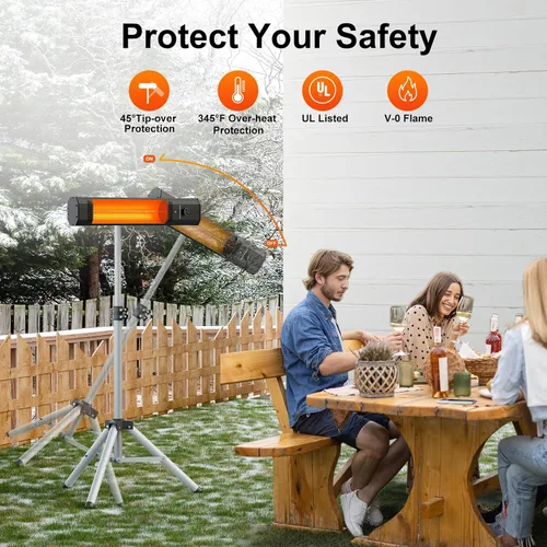 Miniatura 5 de Calentador de patio al aire libre con control remoto, calentador eléctrico infrarrojo con trípode, altura ajustable de 68 pulgadas, temporizador